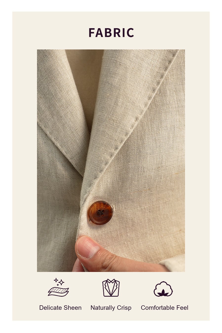 Close-up of natural beige pure linen blazer fabric and button