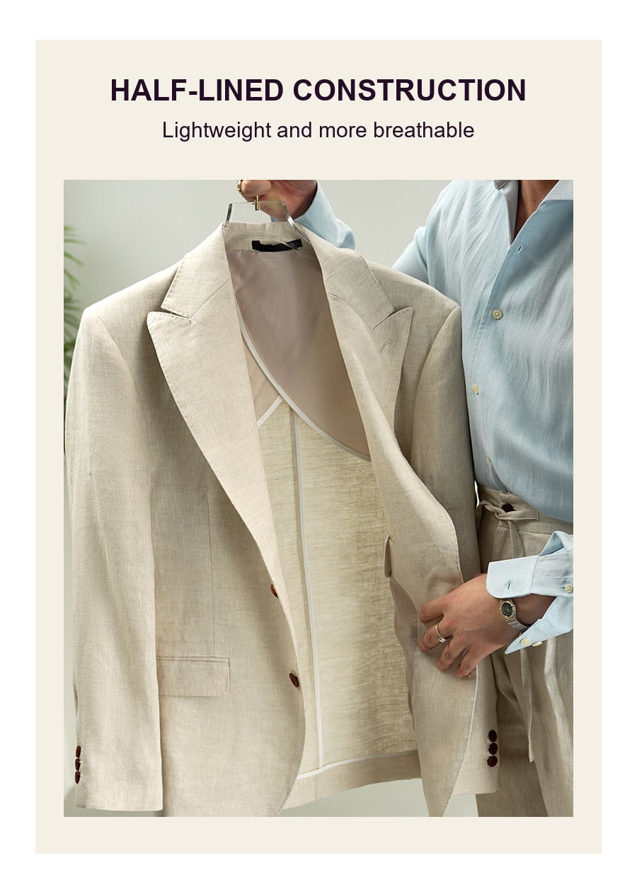 Half-lined construction detail on men's natural beige linen blazer