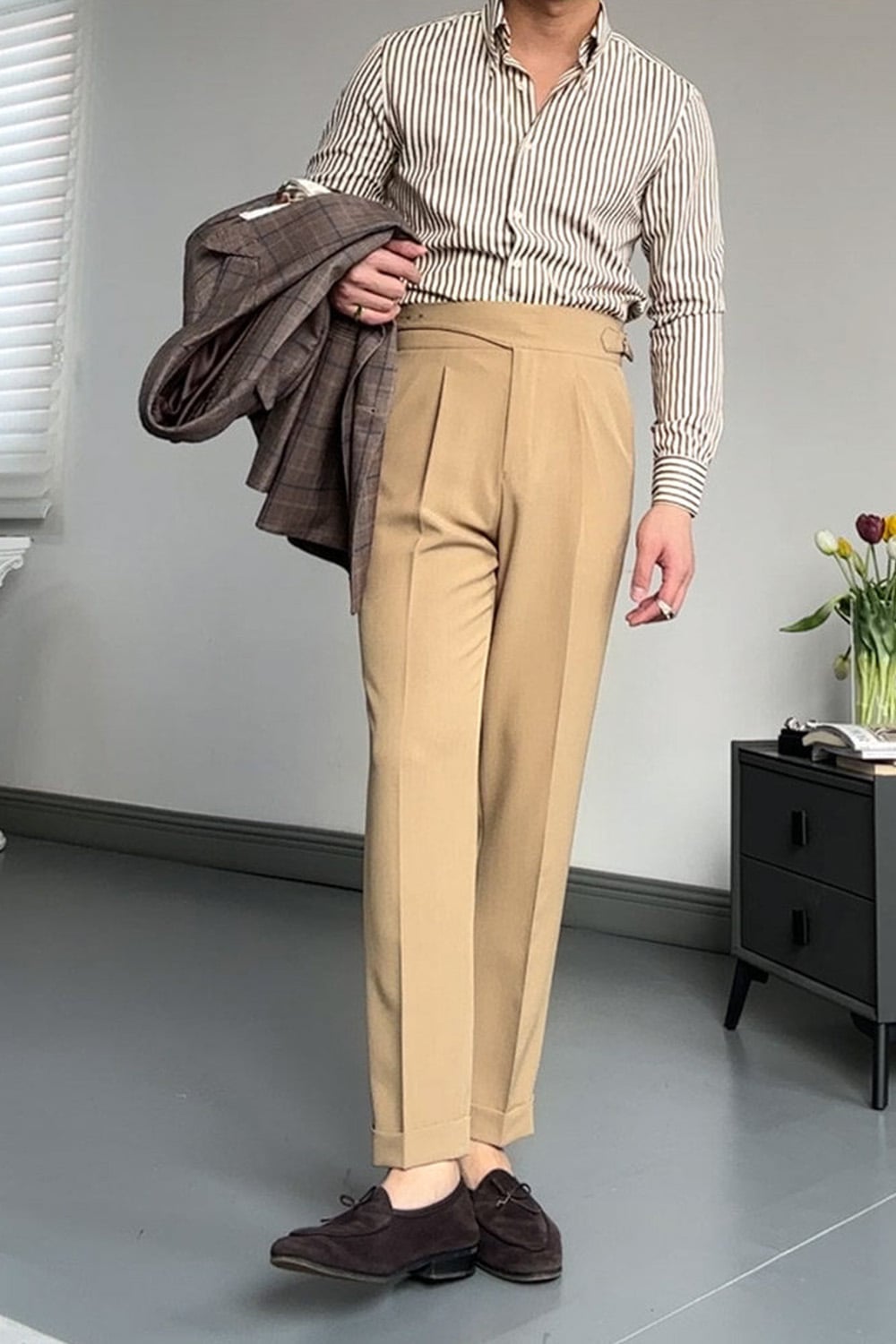 Men's Neapolitan Drape Gurkha Trousers High Waist Pants 1 Men's high-waist straight-leg cooling trousers in khaki