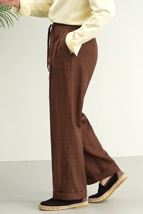 Men's coffee brown 100% linen high-waist drawstring wide-leg trousers