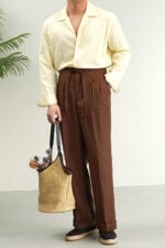 Men's coffee brown linen drawstring trousers in relaxed summer styling