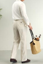 Back view of natural linen drawstring wide-leg trousers