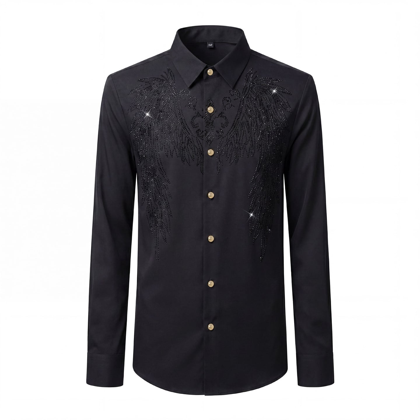 Black rhinestone angel wing slim fit long sleeve shirt