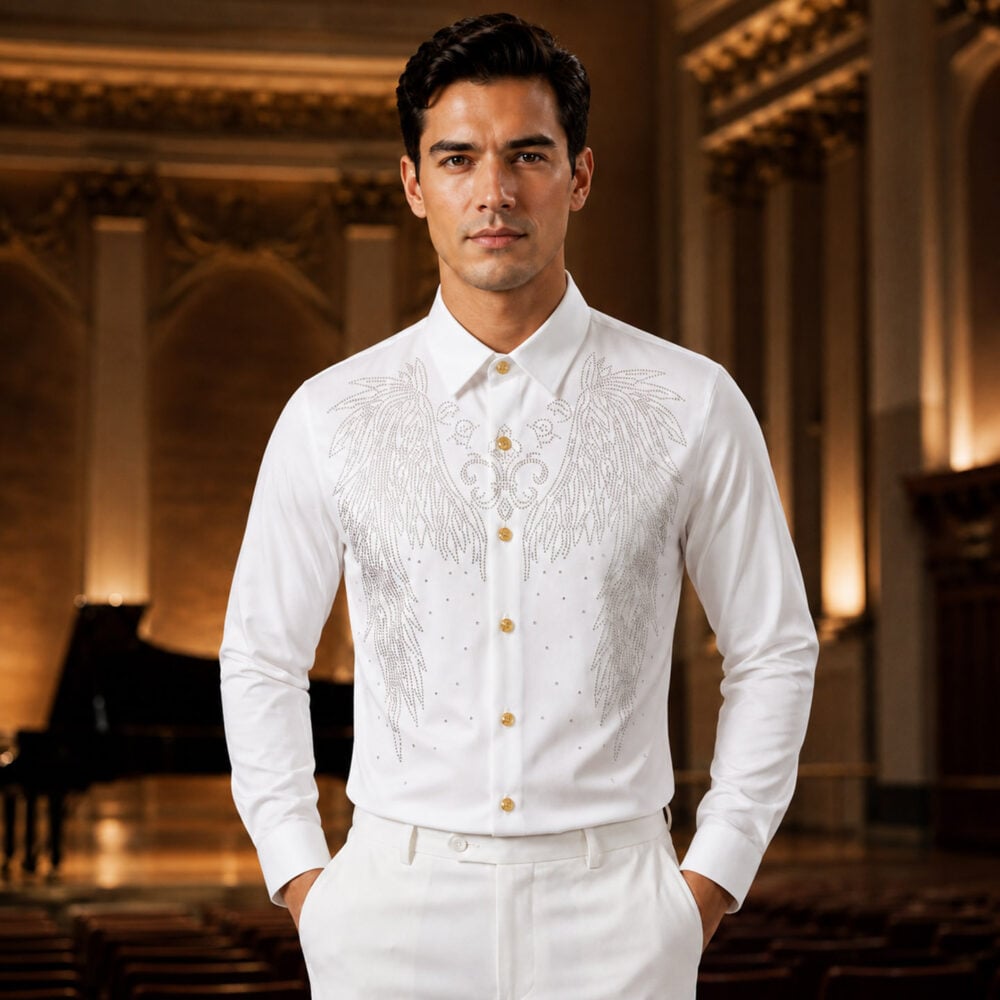 Men's White Rhinestone Angel Wing Shirt Styled with White Trousers