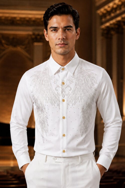 Men's White Rhinestone Angel Wing Shirt Styled with White Trousers