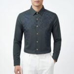 Men Wearing Green Rhinestone Angel Wing Long Sleeve Shirt