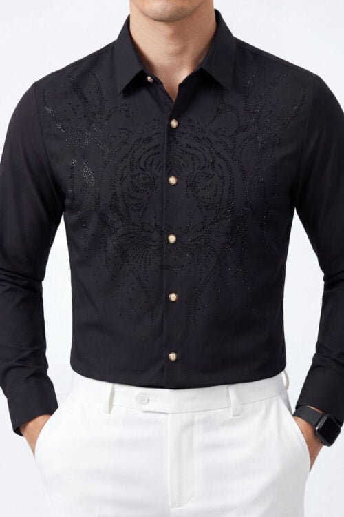 Men's Luxury Rhinestone Angel Wing Slim Fit Long Sleeve Shirt