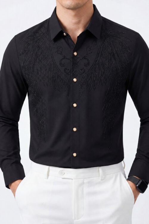 Men's Luxury Rhinestone Angel Wing Slim Fit Long Sleeve Shirt