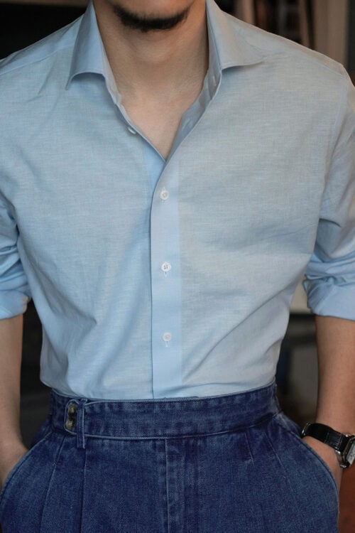 Men's Sky Blue Windsor Collar Long Sleeve Shirt Front View