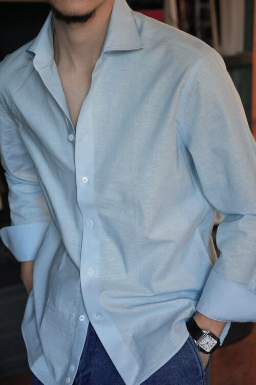 Men's Cotton-Linen Windsor Collar Smart Casual Long Sleeve Shirt in Sky Blue