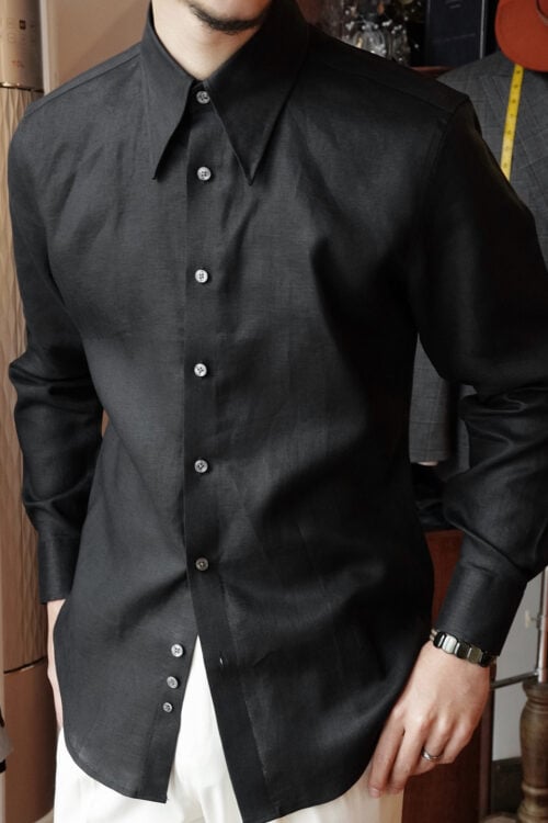 Men's black 100% linen imperial collar long sleeve shirt in a relaxed regular fit