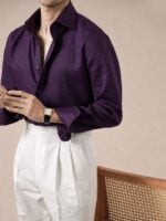 Men's deep purple 100% linen Italian figure-eight collar shirt with white trousers