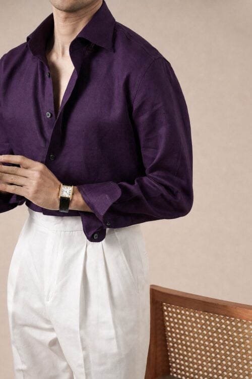 Men's deep purple 100% linen Italian figure-eight collar shirt with white trousers