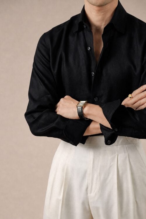 Men's classic black 100% linen Italian figure-eight collar shirt with crossed-arm styling