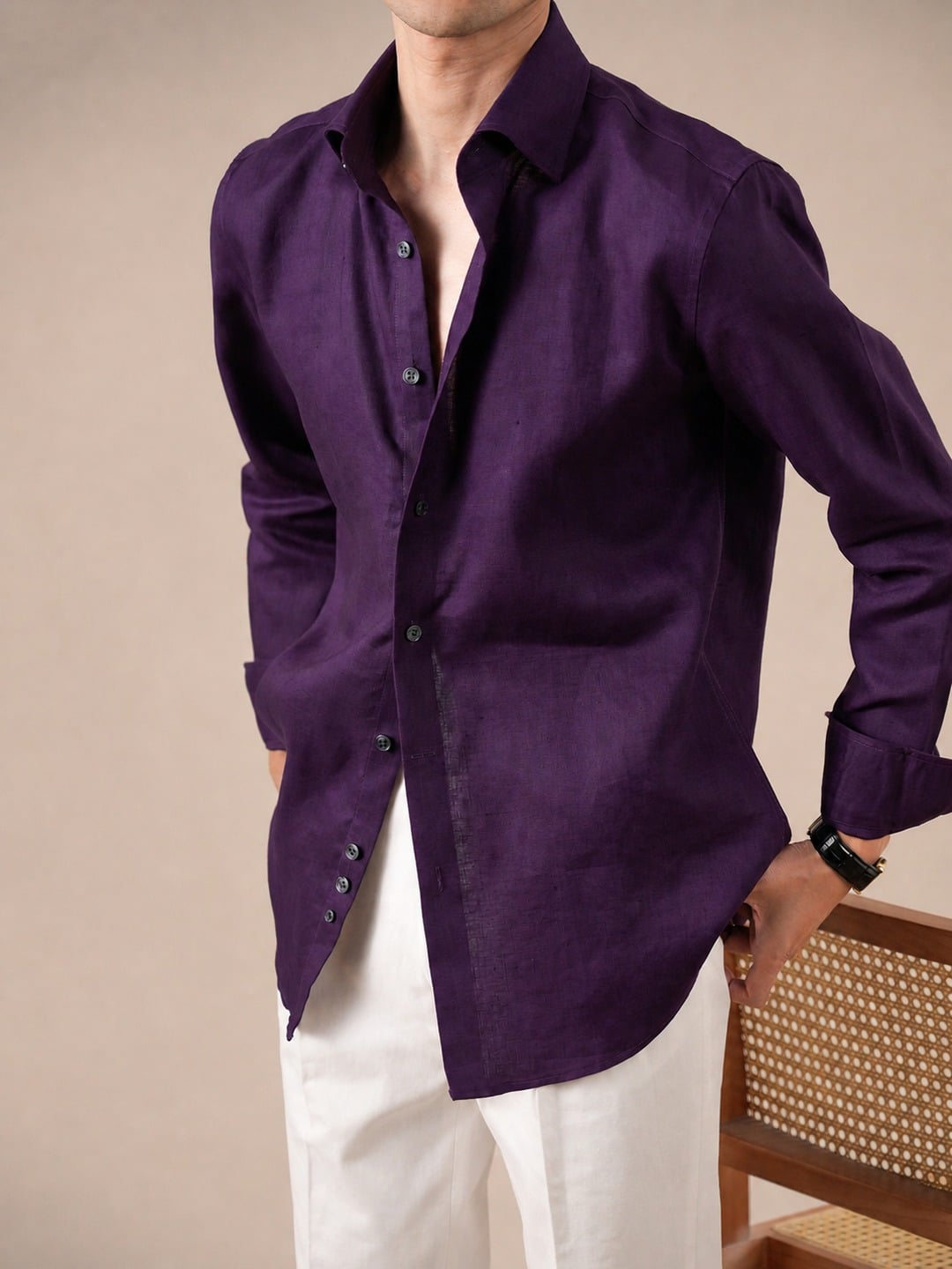 Men's Spread Collar Linen Shirt 7 Men's deep purple 100% linen Italian figure-eight collar long sleeve shirt