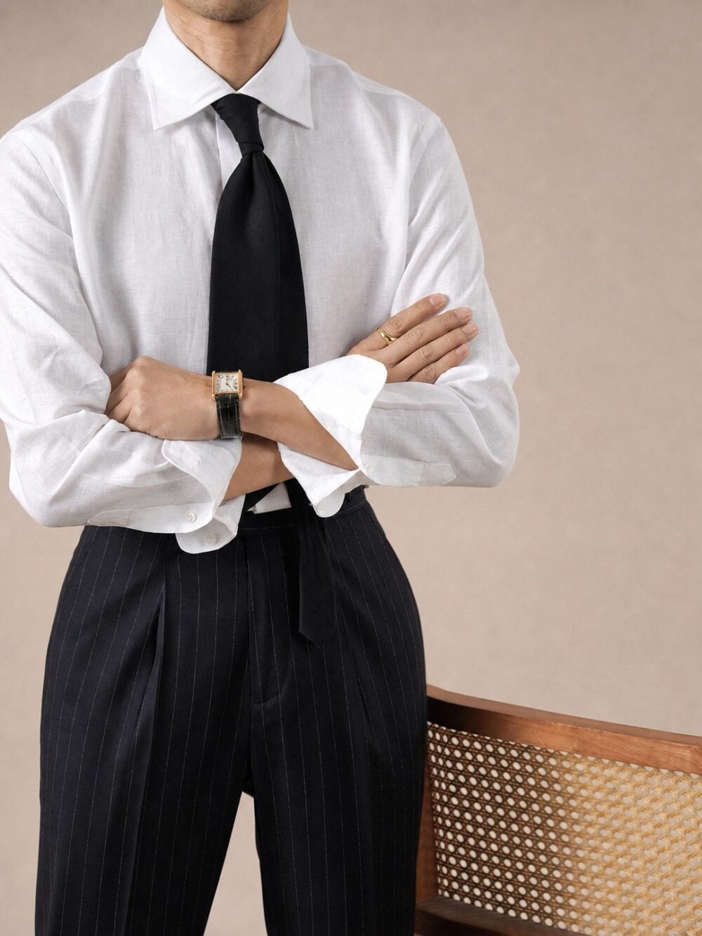 Men's elegant white 100% linen long sleeve shirt styled with a black tie