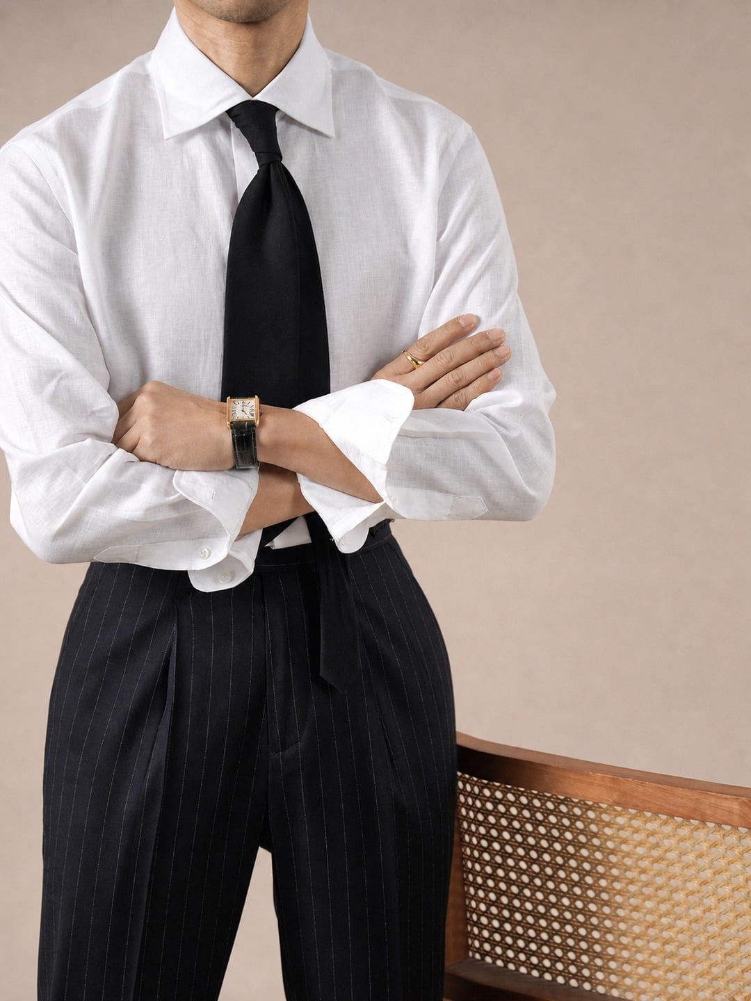 Men's Spread Collar Linen Shirt 12 Elegant White linen long sleeve shirt with black tie
