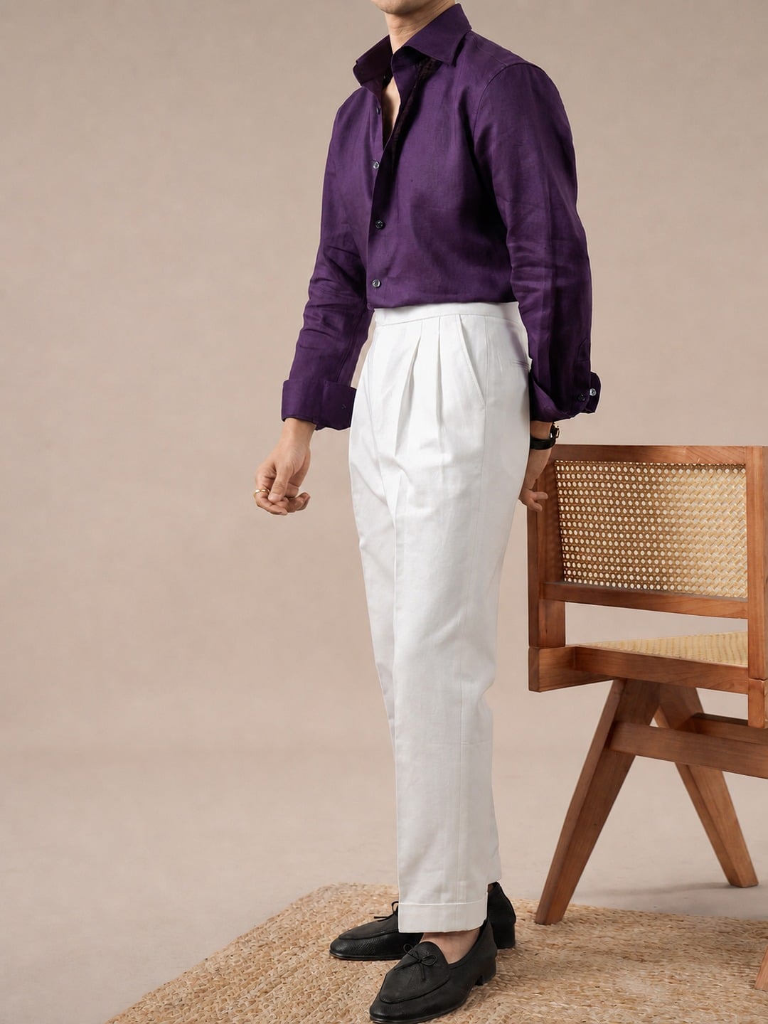Men's Spread Collar Linen Shirt 10 Full-length styling of a deep purple linen long sleeve shirt with white trousers