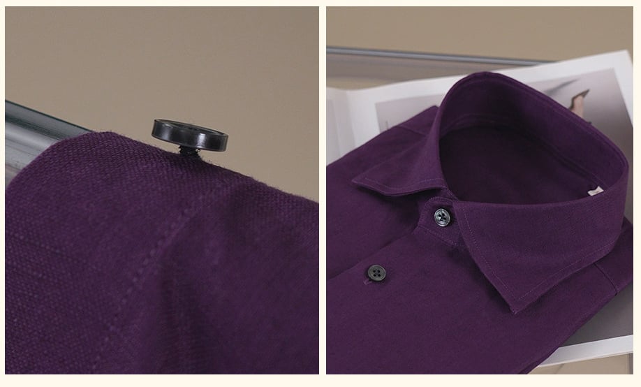 Men's Spread Collar Linen Shirt 15 Close-up of reinforced linen shirt hem and rounded button cuffs