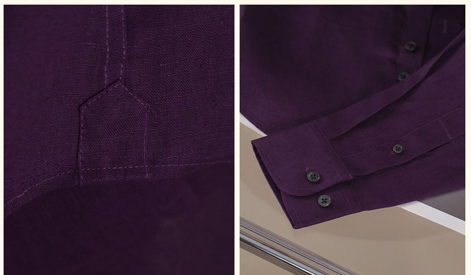 Men's Spread Collar Linen Shirt 8 Close-up of the Italian-style figure-eight collar and tonal linen shirt buttons