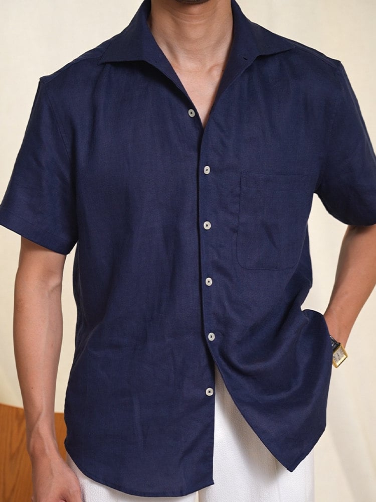 Men's navy 100% linen Italian one-piece collar short sleeve shirt