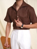 Men's Coffee 100% Linen Italian One-Piece Collar Short Sleeve Shirt