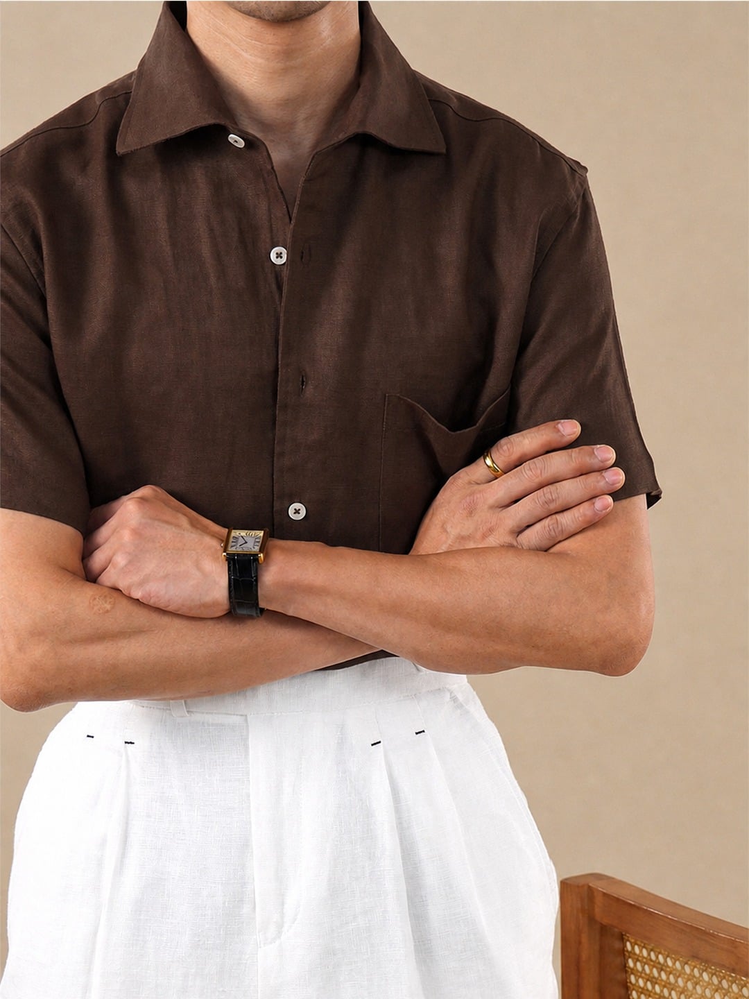 Men's Lightweight 100% Linen Italian Short Sleeve Shirt 5 Coffee Brown 100% linen relaxed short sleeve shirt