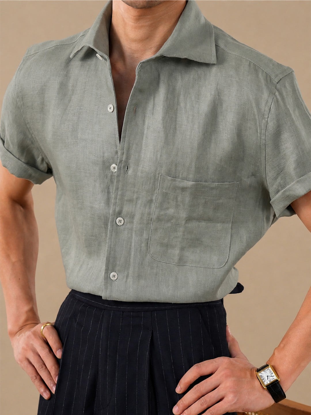 Men's Lightweight 100% Linen Italian Short Sleeve Shirt 2 Men's sage green relaxed-fit linen one-piece collar short sleeve shirt