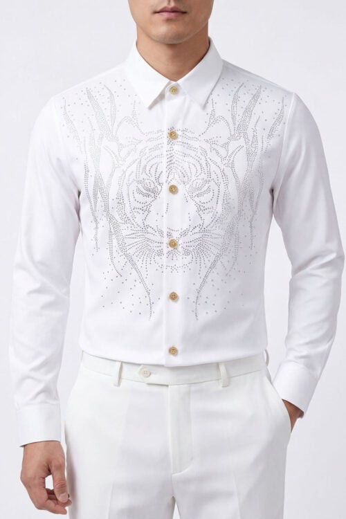 Men's Tiger Rhinestone Slim Fit Long Sleeve Shirt
