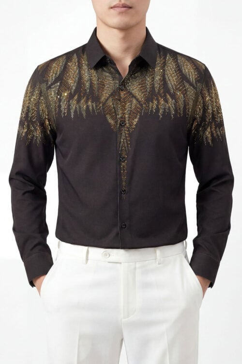 Men's Feather Rhinestone Easy Care Long Sleeve Shirt